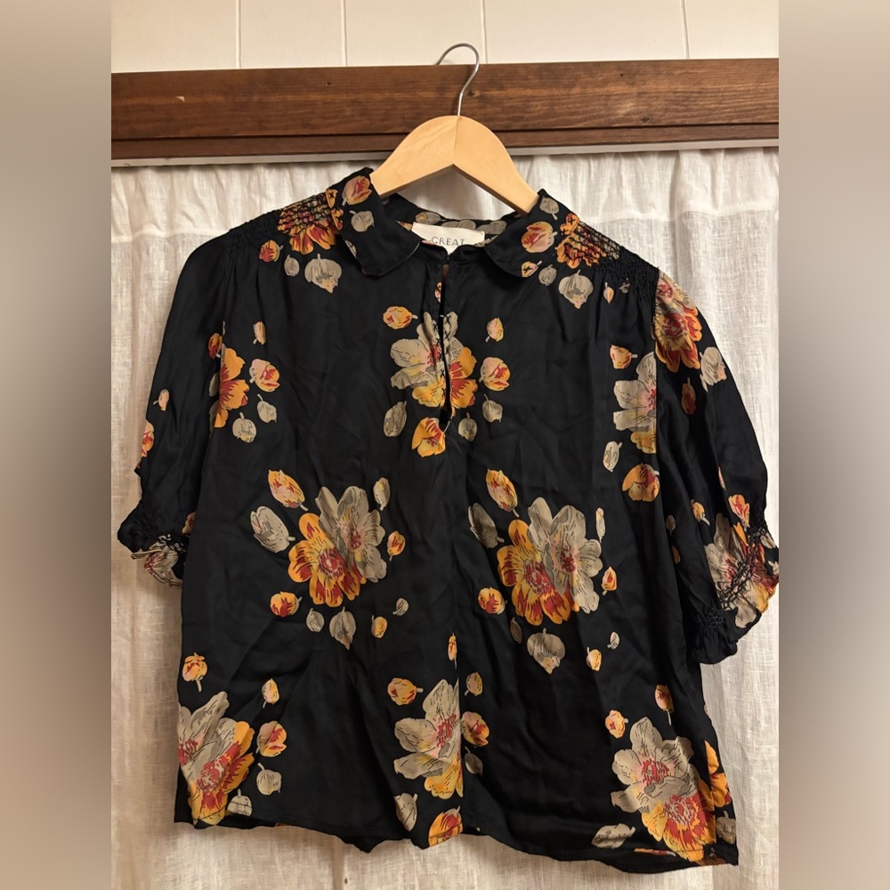 THE GREAT. Black Top with Floral Design EUC